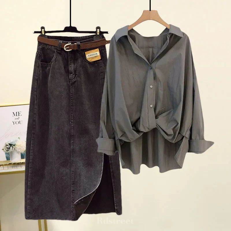 グレーシャツ+ブラックスカート/セット