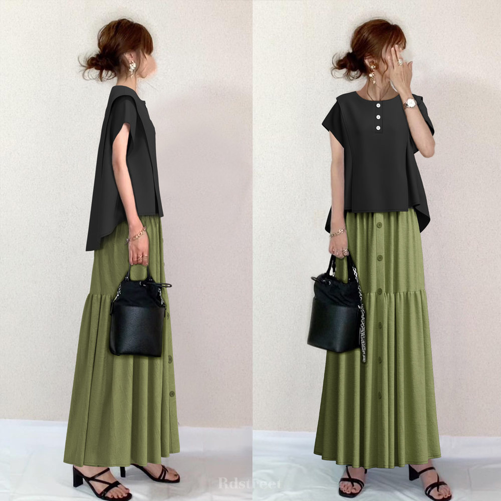 ブラック／トップス＋グリーン／スカート
